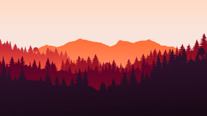 Vector red horizontal landscape with fog, forest, spruce, fir, and morning sunlight. Autumn season Illustration of panoramic view silhouette, mist and orange mountains. Fall trees. Fire in the woods. - obrazy, fototapety, plakaty