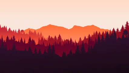 Foto op Canvas Vector red horizontal landscape with fog, forest, spruce, fir, and morning sunlight. Autumn season Illustration of panoramic view silhouette, mist and orange mountains. Fall trees. Fire in the woods. ©  Tati. Dsgn