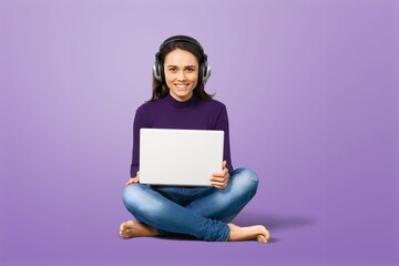 Young woman consultant agent in headphone speaker with laptop.