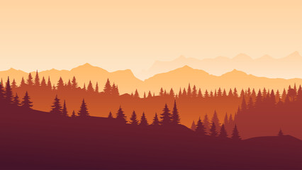 Vector red horizontal landscape with fog, forest, spruce, fir, and sunset. Autumn Illustration of panoramic view silhouette, mist and orange mountains. Fall season trees. 