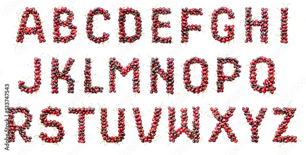 Poster Cherry alphabet. Real berries in the form of letters, numbers and signs. Set for the designer to type any text. Uppercase