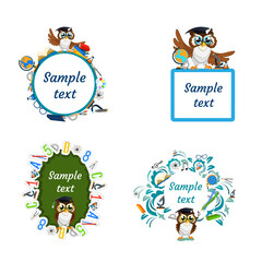 Vector set of school frames made of funny owls and school items and copy space for text. Back to school. Templates for flyer, poster and advertising decoration.