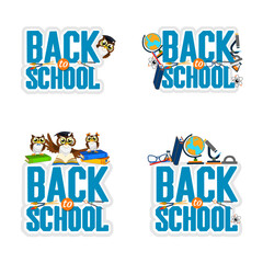 Vector set of funny school emblems with funny owls and school items. Back to school. Templates for flyer, poster and advertising decoration.