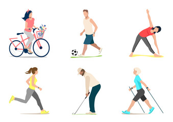 Set of vector illustrations of sports people. Cyclist, golfer, runner, soccer player, gymnastics and Nordic walking. Healthy lifestyle. Flat style.