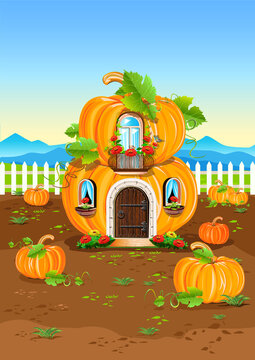 Fairy tale pumpkin house stands on a pumpkin field with a white fence. Vector illustration. Thanksgiving fantasy or funny fairy tale.