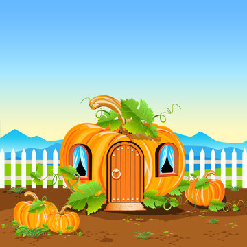 Fairy tale pumpkin house stands on a pumpkin field with a white fence. Vector illustration. Thanksgiving fantasy or funny fairy tale.