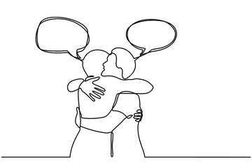 Continuous one line drawing of a man hugging. Two men hug each other with speech bubbles. Happy Friends or Family meet with hugs and talk chat with speech bubbles in doodle style.