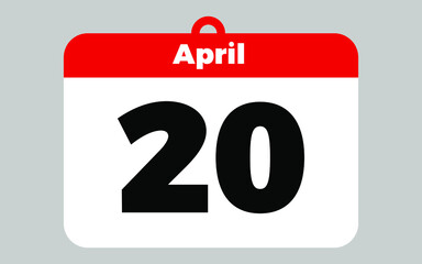 April, 20. White and red calendar.