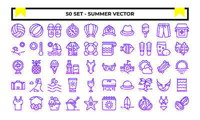 Summer icon set or logo illustration vector graphic with beach, sun, ball, sunglasses, etc. Perfect use for ui, website, pattern, design, etc.