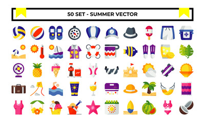 Summer icon set or logo illustration vector graphic with beach, sun, ball, sunglasses, etc. Perfect use for ui, website, pattern, design, etc.