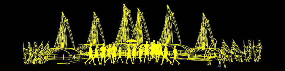 Traditional house of Sumba and tourists vector illustration