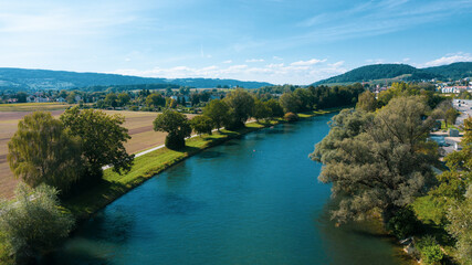Drone view over the river and fields in the city of Zurich, Switzerland
