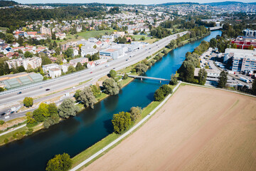 Drone view over the river and fields in the city of Zurich, Switzerland