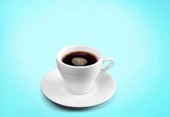 White ceramic cup with coffee on a pastel background