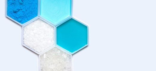 Chemical ingredient in hexagonal molecular shaped container. Copper (II) Sulfate, Hair Conditioner,...
