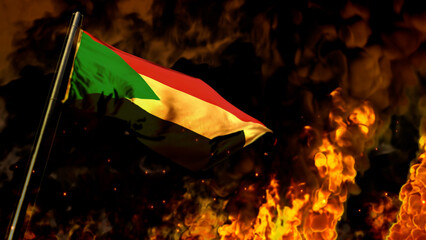 flag of Sudan on burning fire background - hard times concept - abstract 3D rendering
