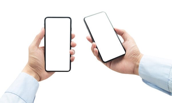 Set Of Businessman Holding The Black Smartphone With Blank Screen Isolated On White Background With Clipping Path