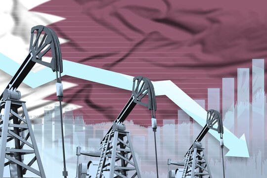 lowering down chart on Qatar flag background - industrial illustration of Qatar oil industry or market concept. 3D Illustration