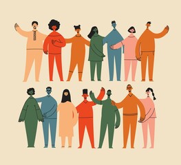Group of people men, women are standing together. Concept of diversity, equality, tolerance, multicultural society. Vector set of multicultural people.