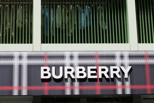 TOKYO, JAPAN - June 26, 2022: Sign on the front of a Burberry store in Tokyo's Ginza area.