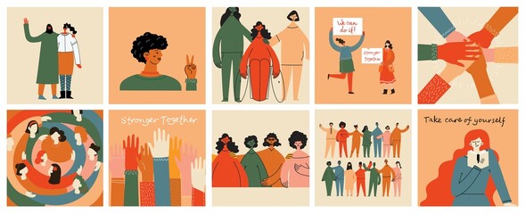 Group of people men, women are standing together. Concept of diversity, equality, tolerance, multicultural society. Vector set of multicultural people. - obrazy, fototapety, plakaty