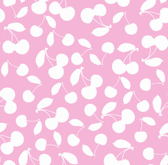 Vector pink background with white cherries. Seamless appetizing pattern. Ingredients for cocktails, summer salad, desserts.