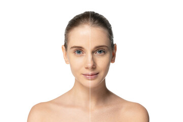 Comparison. Portrait of woman with perfect and wrincled face isolated over grey background....
