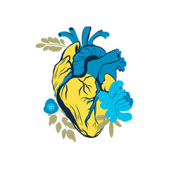 Heart in flowers. Flag of Ukraine, symbol. No war. Blue-yellow. Isolated vector illustration.