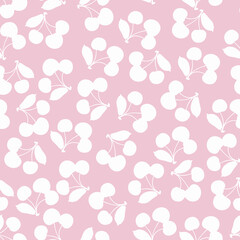 Fototapeta na wymiar Blooming cherry. Vector pink background with white cherries. Seamless appetizing pattern. Template for paper, fabrics. Ingredients for cocktails, summer salad, desserts.