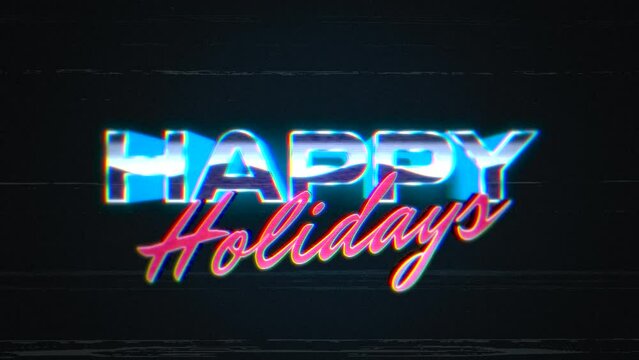 Happy Holidays with neon text and noise lines, motion abstract holidays, futuristic and retro style background