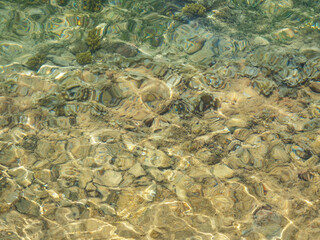 Fototapeta na wymiar Underwater blue sea wide panoramic background with rocky seabed. High quality photo 