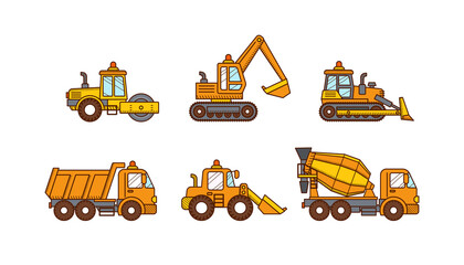 Cars mixer truck, excavator, road roller, truck - 513752588