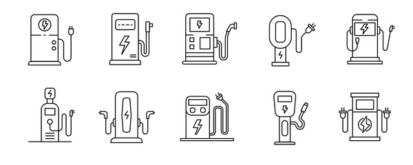 Fototapeta Set of 10 different charging station for electric car. editable stroke outline icon collection obraz