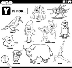 letter y words educational cartoon set coloring page