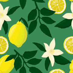 Lemon leaves and flower seamless pattern. Citrus fruit vector illustration for wallpaper, wrapping paper, textile, fabric, print