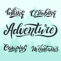 Adventure vector illustration. Mountain logo lettering vector set. Black letters on the landscape background. Modern design for sport company shop renting equipment.