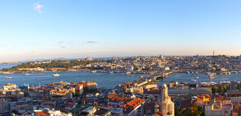 Panoramic view of Golden Horn and old districts of Istanbul from Galata. Sunset time in Istanbul