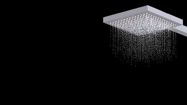 Metal shower with water on on a black background. Copy space. 3d rendering animation