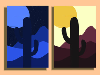 Desert landscape with silhouettes of cacti, hills and mountains. Sunset, stars and moon decorate the sky in the desert. Silhouette of cactus and plant. Desert landscape with cacti.