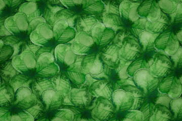 Naklejka na ściany i meble Lots of green watercolor four leaf clovers. Top view. Decorative bright background for St. Patrick's Day celebration. Element for banner layout design. Hand drawn illustration on paper. Festive card.