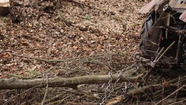 Skidder pulling logs on wood storage in forest. Spring has come in mountains after winter and heavy tracked tractors are pulling large tree trunks through mud.