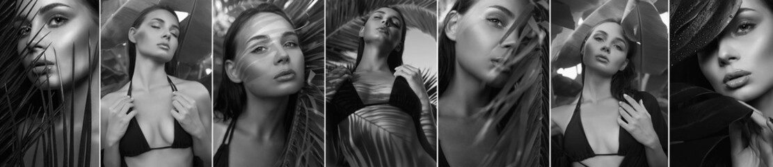 collage of brunette girls in palm. Beautiful woman with Make-up. Black and white portraits
