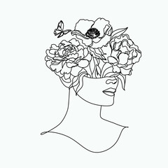 Abstract face with flowers one line vector drawing. Woman with bird. Minimal style portrait. Botanical print. Cosmetics nature symbol. Modern continuous line art. Fashionable print. Beaty salon logo.