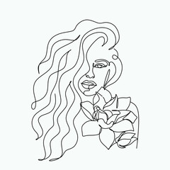Abstract face with flowers one line vector drawing. Woman with bird. Minimal style portrait. Botanical print. Cosmetics nature symbol. Modern continuous line art. Fashionable print. Beaty salon logo.