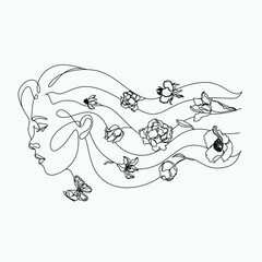 Minimal Girl With Flowers In Hair Line Art vector illustration. Elegant woman with long hair and flowers in her head logo