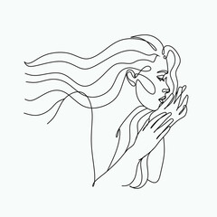 Abstract face with flowers one line vector drawing. Woman with bird. Minimal style portrait. Botanical print. Cosmetics nature symbol. Modern continuous line art. Fashionable print. Beaty salon logo.