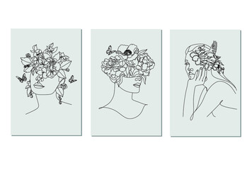 Woman face with flowers Line art Set of 3 prints posters.  Elegant Feminine Beauty Logo. Abstract face with plants one line drawing. Portrait minimalistic style. Botanical print. Symbol of cosmetics. 
