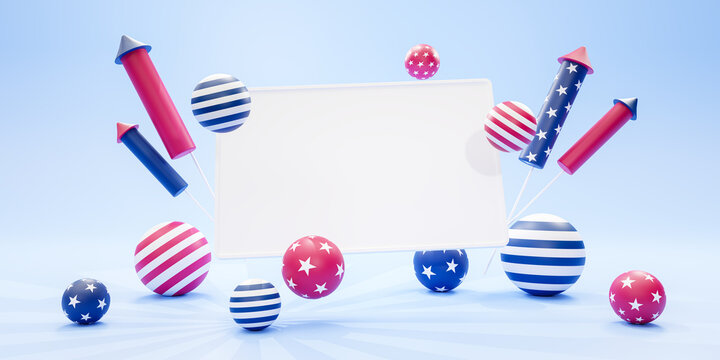 USA Independence day concept. 4th of July background with empty card and fireworks. 3D rendering.
