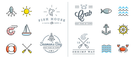 Set of Vector Sea Food Elements and Sea Signs Illustration can be used as Logo or Icon in premium quality