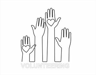 Continuous one line drawing of Hands with hearts. Raised hands volunteering concept